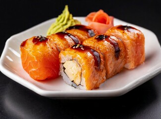 Canvas Print - Japanese food, sushi isolated on black background, closeup photography. Studio photography. Ideal for restaurant web/promotion/advertisement/banner/design, with copy space for text/logo/graphic design