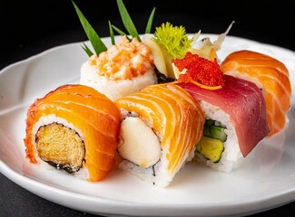 Canvas Print - Japanese food, sushi isolated on black background, closeup photography. Studio photography. Ideal for restaurant web/promotion/advertisement/banner/design, with copy space for text/logo/graphic design