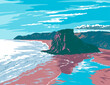 WPA poster art of Lion Rock, a rocky headland located on Piha Beach in the Waitakere Ranges area of Auckland, New Zealand done in works project administration or federal art project style.