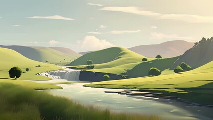 Wall Mural - Minimal animation of a peaceful countryside, with rolling hills and a tranquil waterfall in the distance.