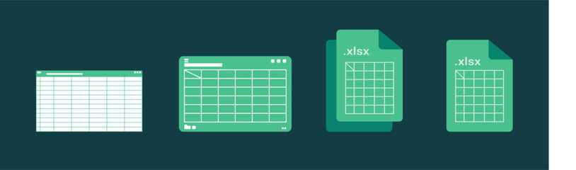 Spreadsheet on Computer screen flat illustration. Financial accounting report concept. office things for planning and accounting, analysis, audit, project management, marketing, research vector set