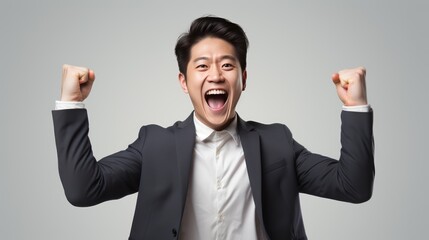 An The expression on the face of an Asian man succeeds in his job, his hands raised in joy, on empty space on a white isolated transparent background.