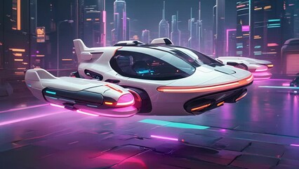 Wall Mural - Minimal illustration of a futuristic cityscape with flying cars and neon lights.