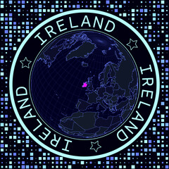 Fototapete - Ireland on globe vector. Futuristic satellite view of the world centered on Ireland. Geographical illustration with shape of country and squares background. Bright neon colors on dark background.