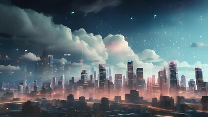 Wall Mural - Minimal animation of a minimalist cityscape with moving clouds and ling lights, capturing the bustling energy of urban life.