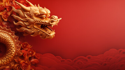 Wall Mural - Golden dragon on red background, Happy Dragon New Year 2024