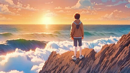Wall Mural - jonah found himself standing edge cliff, overlooking endless with waves made ripples rainbow colors.