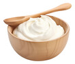 Sour cream in wooden bowl and spoon isolated.