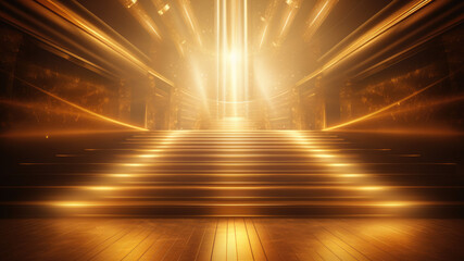 luxury yellow golden staircase with gold light ray for award ceremony. generative ai