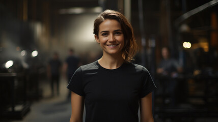 Wall Mural - woman business owner in black t-shirt standing in industrial plant