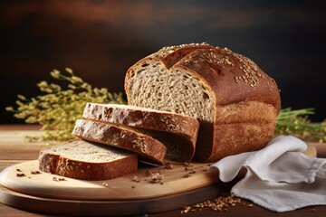 Wall Mural - Nutrient-Rich Goodness: Sliced Multigrain Bread on a Wooden Table, Showcasing a Healthy and Delicious Balance of Whole Grains, Seeds, and Organic Ingredients.