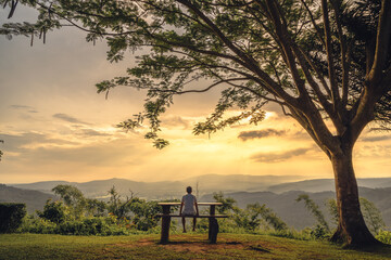 A man sits on a wooden table watching the sunset next to a big tree. Travel, vacation concept.