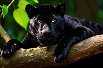 Poster - a black panther lying on branch in Amazone jungle