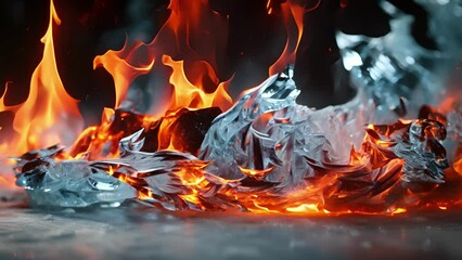 Wall Mural - Minimal animation of fire and ice a captivating contrast between fiery flames and icy crystals moving and intertwining in a smooth and mesmerizing motion.