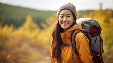 Sticker - Smiling asian woman with backpack on country hike 