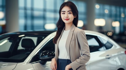 Wall Mural - Asian girl is shopping for a new car at the showroom,
beautiful asian women getting new car.