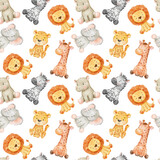Fototapeta Dziecięca - Seamless pattern with cute sitting lion, cheetah and elephant on white. Endless watercolor pattern for textiles or fabric for newborns. Cartoon happy baby jungle animals