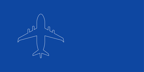 Poster - A large white outline airplane symbol on the left. Designed as thin white lines. Vector illustration on blue background