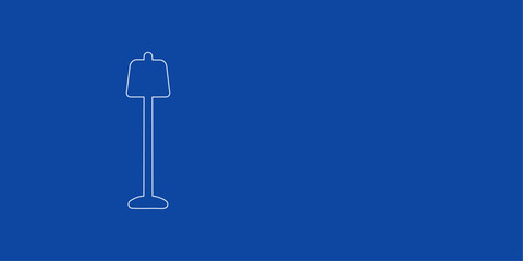 Poster - A large white outline floor lamp symbol on the left. Designed as thin white lines. Vector illustration on blue background