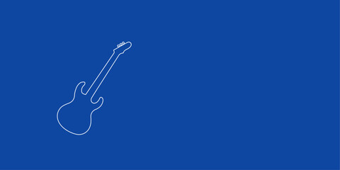 Poster - A large white outline guitar symbol on the left. Designed as thin white lines. Vector illustration on blue background