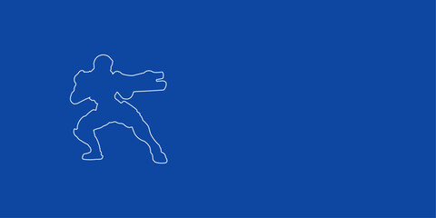 Poster - A large white outline combat robot on the left. Designed as thin white lines. Vector illustration on blue background