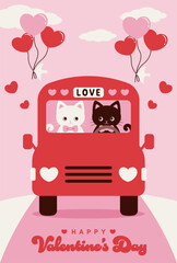 Wall Mural - valentine or wedding vector background with cats on a city bus with hearts for banners, cards, flyers, social media wallpapers, etc.