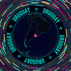 Fototapete - Uruguay on globe. Satellite view of the world centered on Uruguay. Bright neon style. Futuristic radial bricks background. Trendy vector illustration.