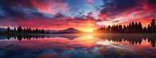 Panorama Of Beautiful Sunrise Over Lake