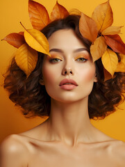 Sticker - Beautiful woman with autumn leaves on yellow background