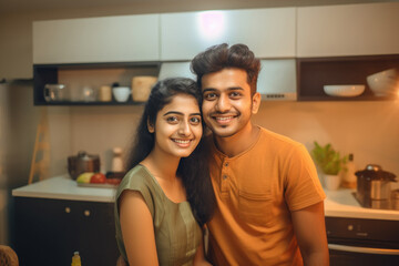 Poster - Young indian couple working together at kitchen.