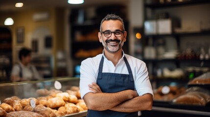 Wall Mural - business owner smiling at the camera with bakery shop background,