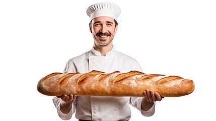 Canvas Print - Cheerful male chef holding a baguette bread 