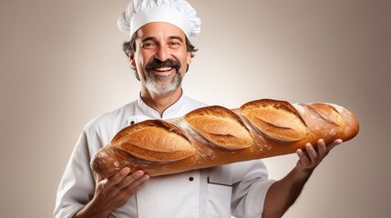 Canvas Print - Cheerful male chef holding a baguette bread 