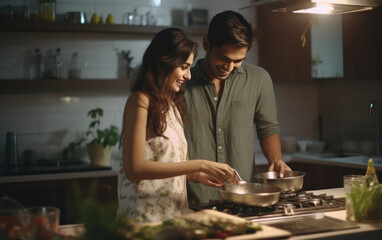 Poster - Young indian couple cooking together at kitchen