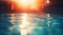 Sunset Over Water In A Swimming Pool. Blurred Background