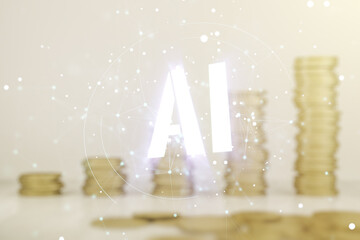Fototapete - Abstract virtual artificial Intelligence symbol hologram on stacks of coins background. Multiexposure