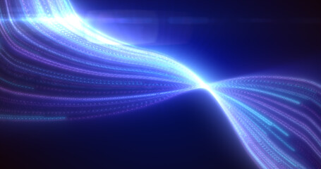 Poster - Abstract bright blue purple glowing flying waves from twisted lines energy magical background