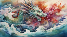 Water Color A Red Dragon In The Sky Surrounded By Clouds. The Year Of The Dragon In China And Eastern Asia.  AI Generative