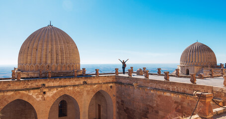 Wall Mural - Happy female tourist in Turkey- Mardin Zinciriye Medresesi panorama view