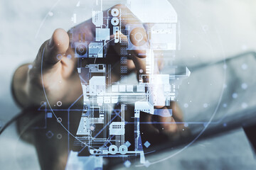 Poster - Double exposure of creative artificial Intelligence symbol with finger clicks on a digital tablet on background. Neural networks and machine learning concept
