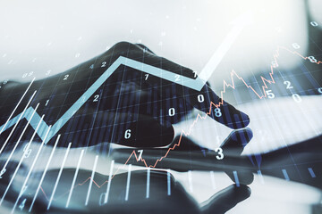Poster - Abstract creative financial graph with upward arrow and finger clicks on a digital tablet on background, financial and trading concept. Multiexposure