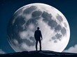 A design of a man standing alone in front of a large moon