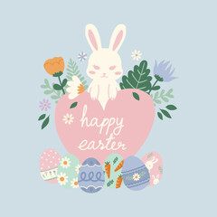 Wall Mural - hand drawn vector illustration of white Easter bunny rabbits in with heart and flowers in pastel concept. Cute elements doodle in flat style. For poster, card, invitation, graphic resource