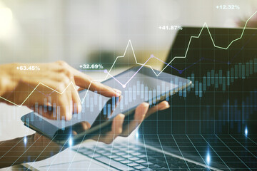 Poster - Multi exposure of abstract creative financial chart with finger presses on a digital tablet on background, research and analytics concept