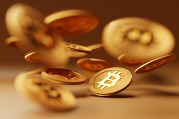 Fototapete - 3d illustration golden bitcoin coin flying on a monochrome background. Bitcoin symbol in cryptocurrency
