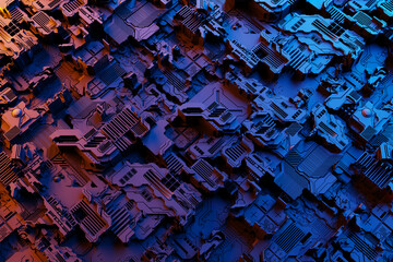 Poster - 3d illustration of a realistic model of a robot or purple cyber armor. Close-up equipment for mining crypto-bitcoin; ether. Video cards; motherboards
