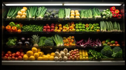 fresh produce variety: colorful fruits and vegetables displayed in supermarket refrigerated section