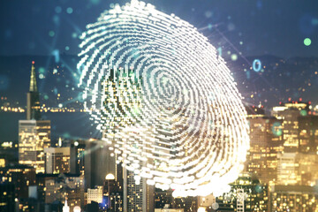 Poster - Multi exposure of virtual graphic fingerprint sketch on San Francisco cityscape background fingerprint scan data concept