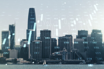 Poster - Double exposure of abstract virtual statistics data hologram on San Francisco city skyscrapers background, statistics and analytics concept