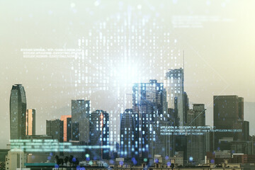 Poster - Abstract virtual code skull illustration on Los Angeles skyline background. Hacking and phishing concept. Multiexposure